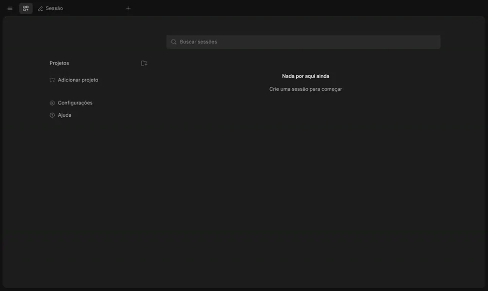 Tela inicial do OpenCode em português, com Projetos, Adicionar projeto, Configurações e Ajuda